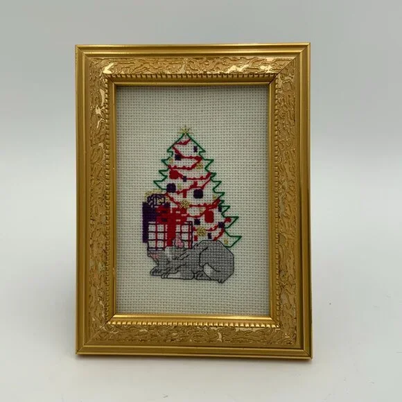 Holiday Cat Cross Stitch Framed Art, Christmas Tree, Presents 6" Tall x 5" Wide - Picture 1 of 4
